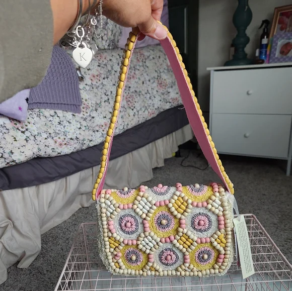 Pink and Yellow Beaded Shoulder Bag - Picture 5 of 7